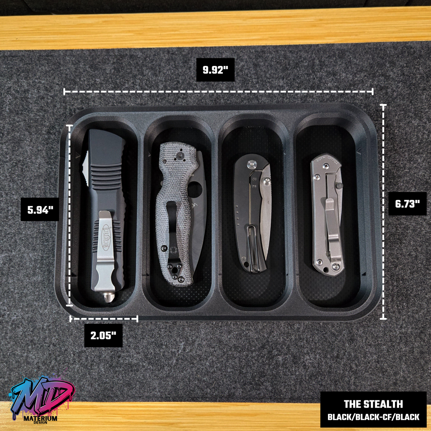 Set of four pocket knives in a black organizer with measurements on a gray surface.