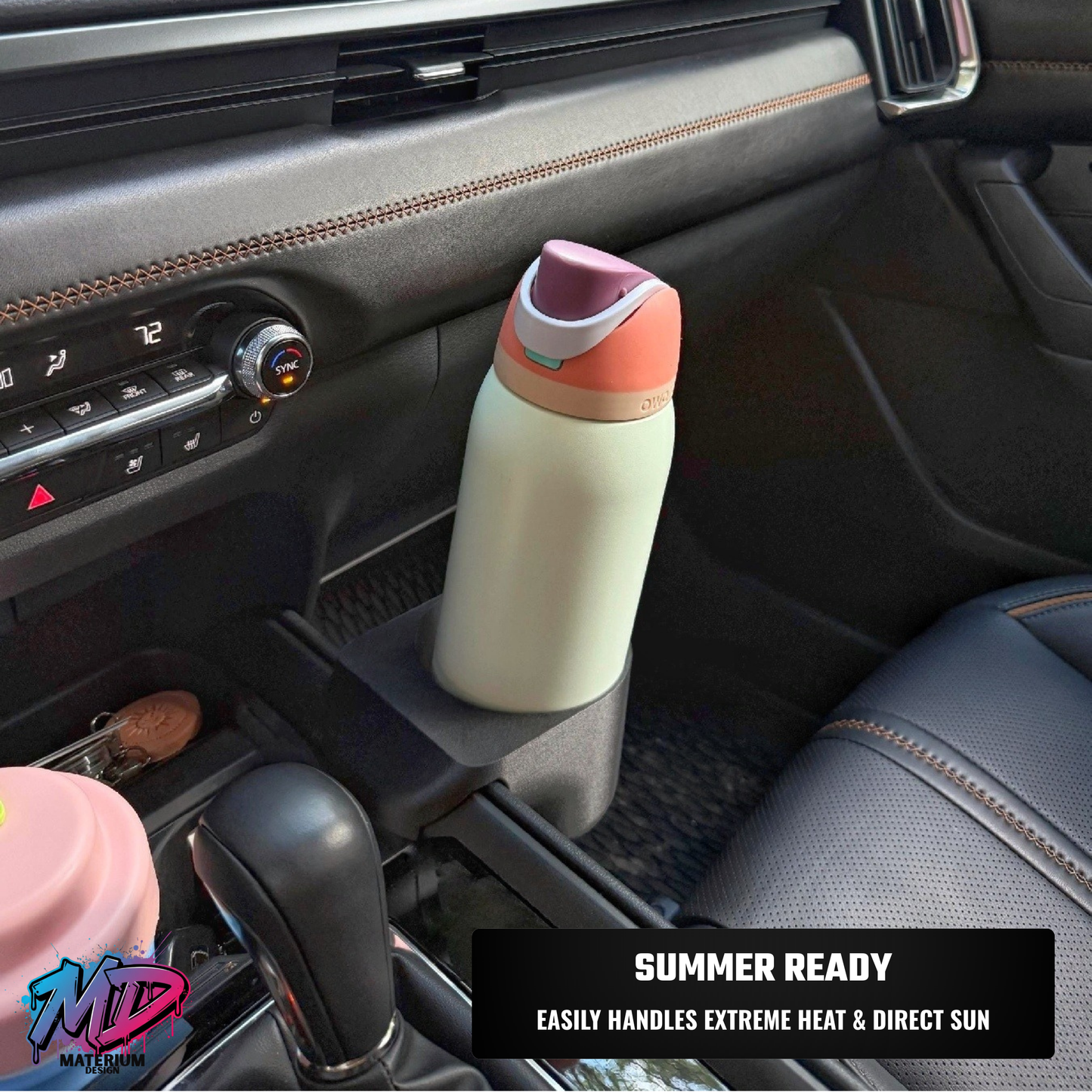 Color-changing water bottle in a car cup holder with 'Summer Ready' text